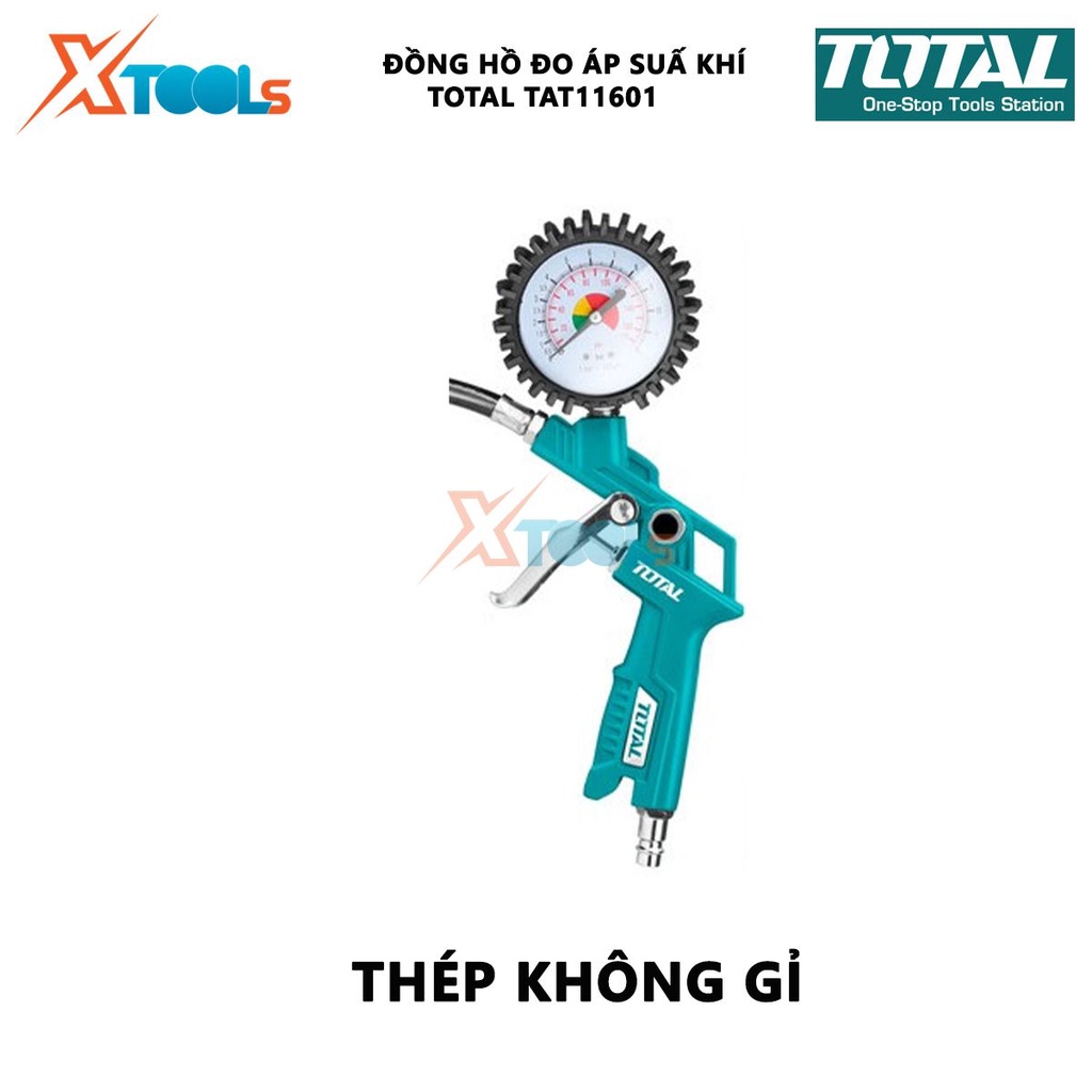 Đồng hồ đo áp suất khí Total TAT11601 Dụng cụ bơm hơi khí có đồng hồ Áp lực 12bar(174psi) Chiều dài vòi 350mm