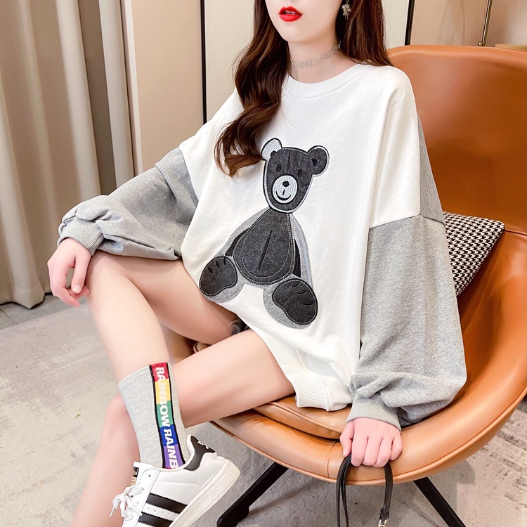 Áo Sweater Thêu Gấu Tay Phối Cao Cấp,Hoodie Thêu Hình Phong Cách