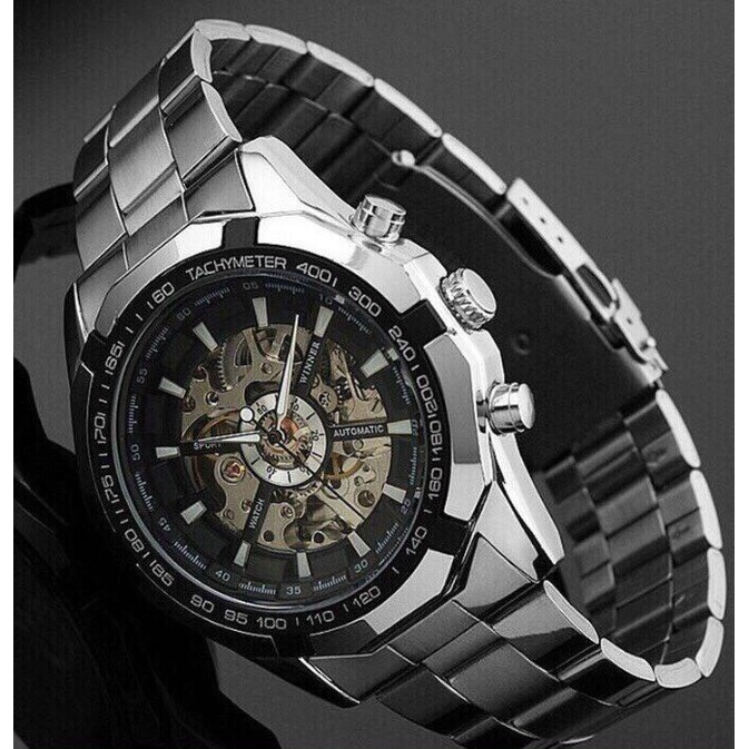 Đồng hồ nam Winner Cao Cấp, mặt kính Sapphire, viền thép dây thép, máy cơ Automatic