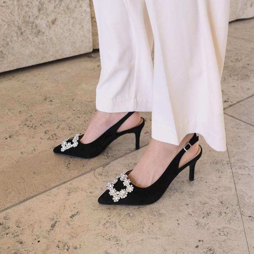 Giày cao gót mũi nhọn hở ngón đính đá thời trang mùa thu phong cách Hàn Quốc dành cho nữ