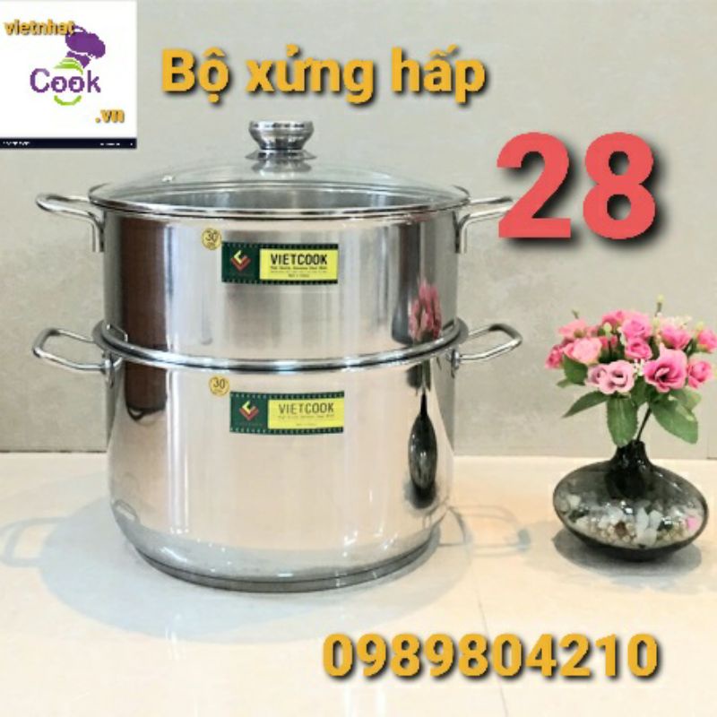 Bộ nồi xửng hấp inox ,xửng hấp inox 2 tầng 3 đáy nắp kính,nắp inox  VietCook đun bếp từ  size 28 kêt hợp chõ hấp xôi