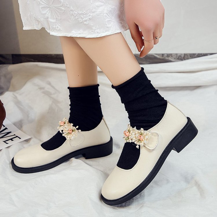 Fashion Round Head Flower Decoration Velcro Shallow Single Shoe Girl