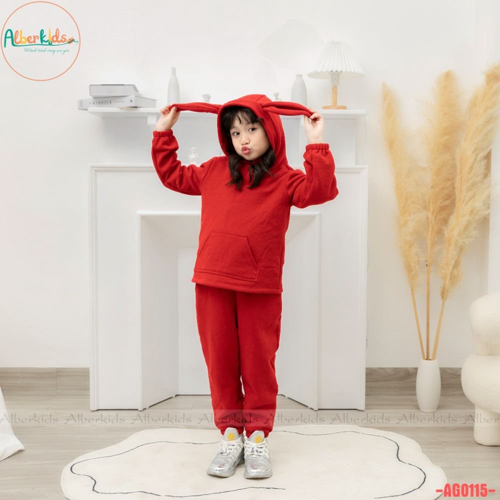 Bộ nỉ thu đông tai thỏ đáng yêu  ALBER KIDS cho bé gái 2,3,4,5,6,7,8,9,10,11,12 tuổi [AG0115]