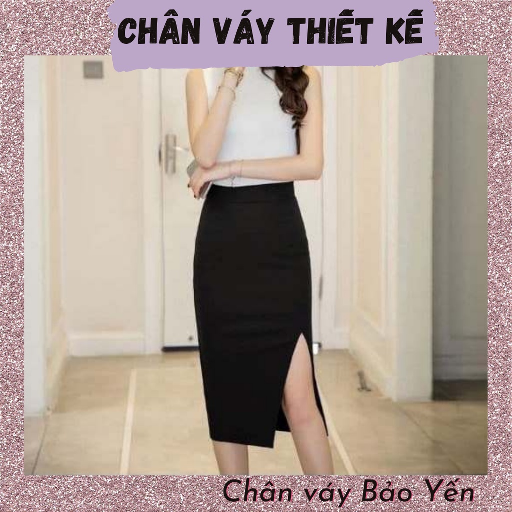 Chân váy bút chì dài qua gối xẻ đùi trước màu đen- M17
