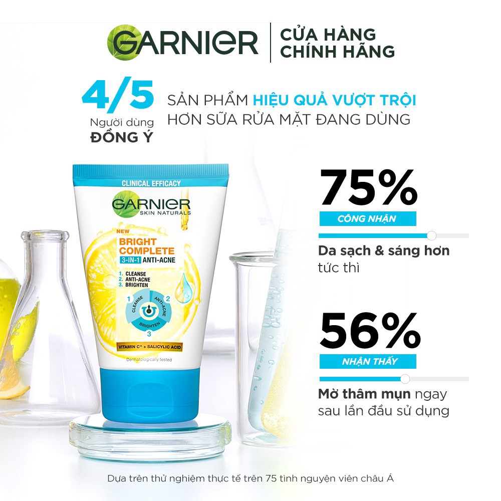 Sữa Rửa Mặt Garnier 3 Trong 1 Giảm Mụn &amp; Sáng Da 90ml Bright Complete 3 in 1 Foam Anti Acne 90ml - 100ml