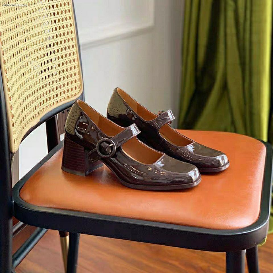 Giày da bóng gót cao dày mũi vuông phong cách retro Pháp thời trang mùa hè 2021 cho nữ