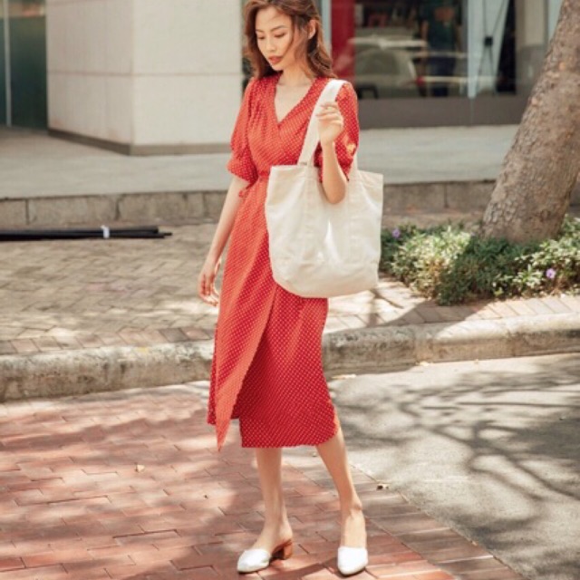 Đầm Maxi Đắp Tà Chấm Bi đỏ đen xt ( kèm clip)