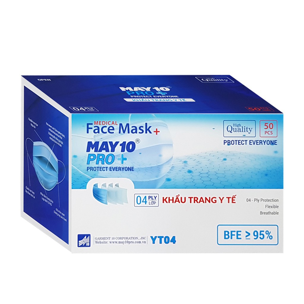 Khẩu trang y tế 4 lớp kháng khuẩn MAY 10 hộp 50 chiếc đạt tiêu chuẩn ISO - Sản phẩm chuẩn hàng công ty