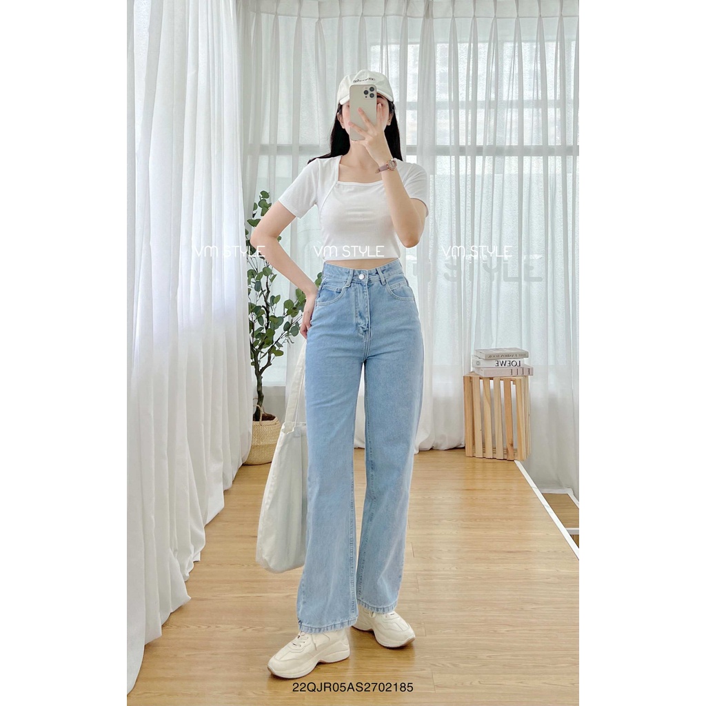 Quần jean nữ ống rộng VMSTYLE lưng cao trơn lai thường N110 Đ111 QJR00101