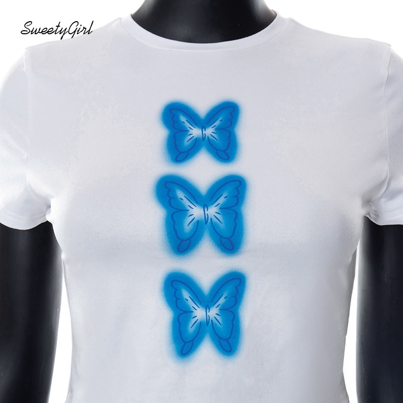 Áo Crop Top Tay Ngắn Cổ Tròn In Hình Bướm Thời Trang Dành Cho Nữ 2022