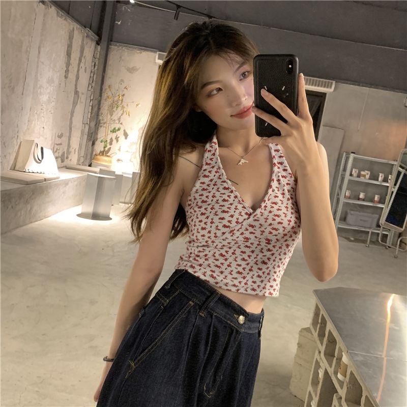 Áo croptop hai dây cổ chữ V in họa tiết hoa thời trang quyến rũ cho nữ