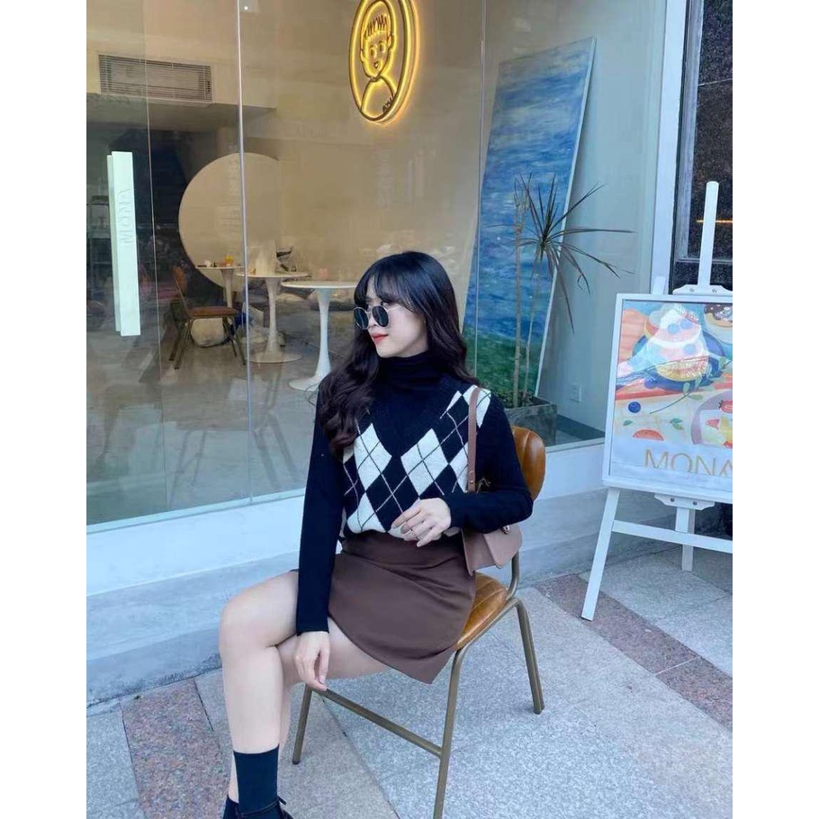Áo Gile len nữ Dáng rộng Họa Tiết Caro Ulzzang Hàn Quốc
