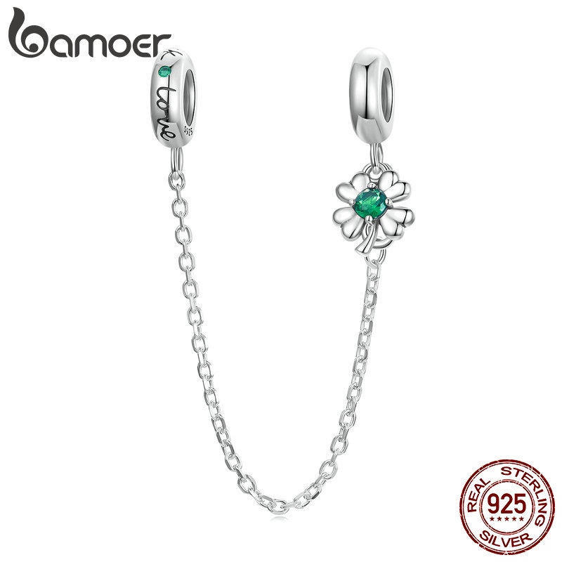 BAMOER Mặt Vòng cổ Bạc 925 Silicone Hình Cỏ Bốn Lá Thời Trang DIY