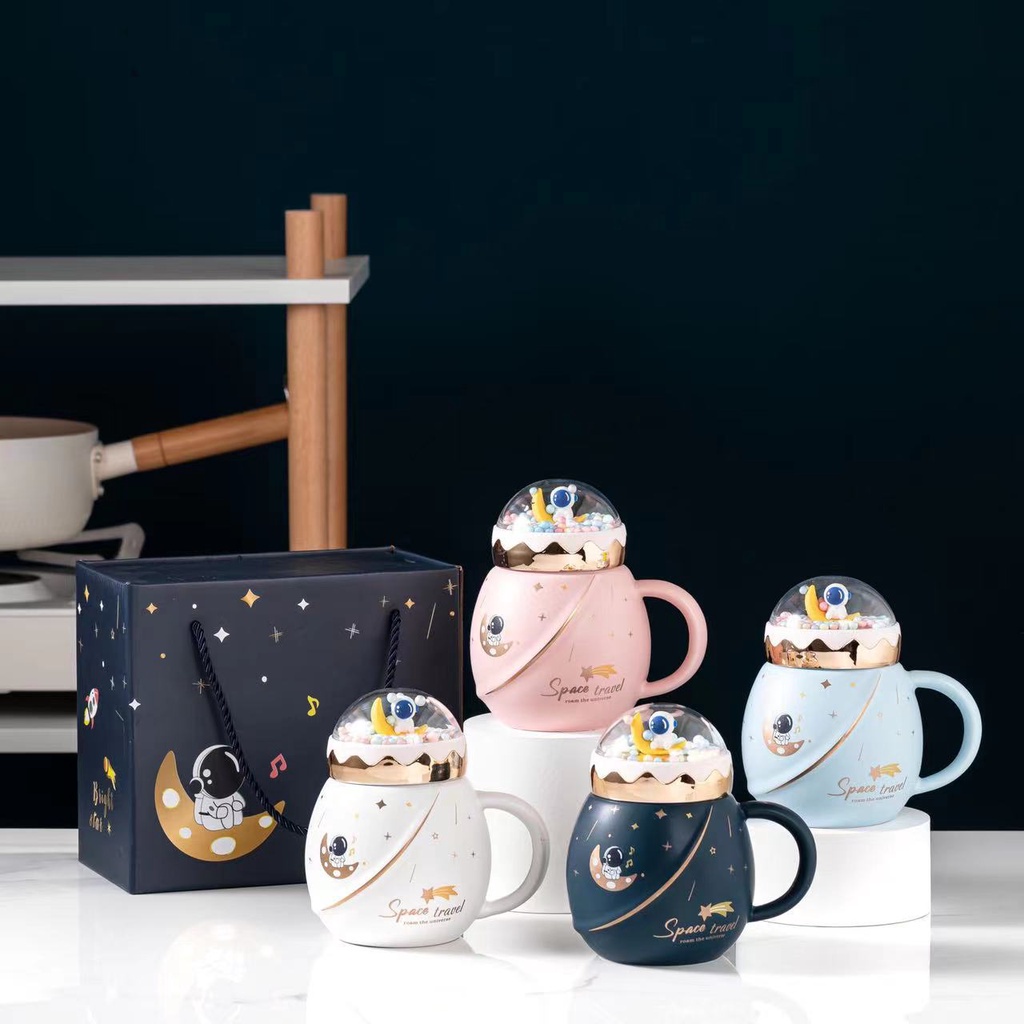 Cốc ly sứ Phi hành gia có nắp tròn Star War Cốc Cốc 450ml kèm thìa hộp túi làm quà tặng,uông nước, pha cafe, uống trà
