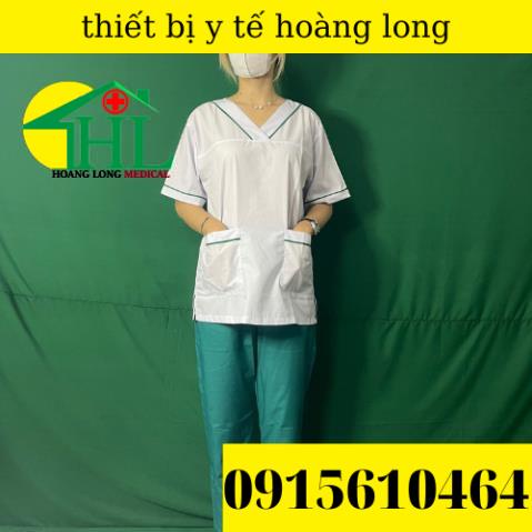 Bộ blouse cổ tim viền xanh lá cây nam nữ cộc tay - bộ scrubs kỹ thuật viên cho điều dưỡng, dược sỹ, y tá, bác sĩ