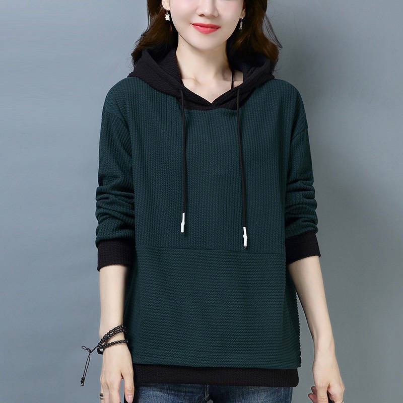 Áo Hoodie Tay Dài Dáng Rộng Phối Màu Sắc Tương Phản Size L-5XL Thời Trang Xuân Thu Cho Nữ