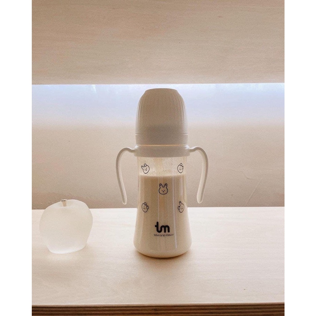 Bình hút Tovi and Molly Thỏ Sóc Hàn Quốc màu trắng/ Be 180ml 280ml, bình sữa Thỏ có tay cầm ống hút