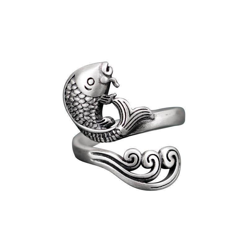 [shop  Welfare] hd-by-2021 classic simple personality like fish in water ring opening silver Koi food ring
