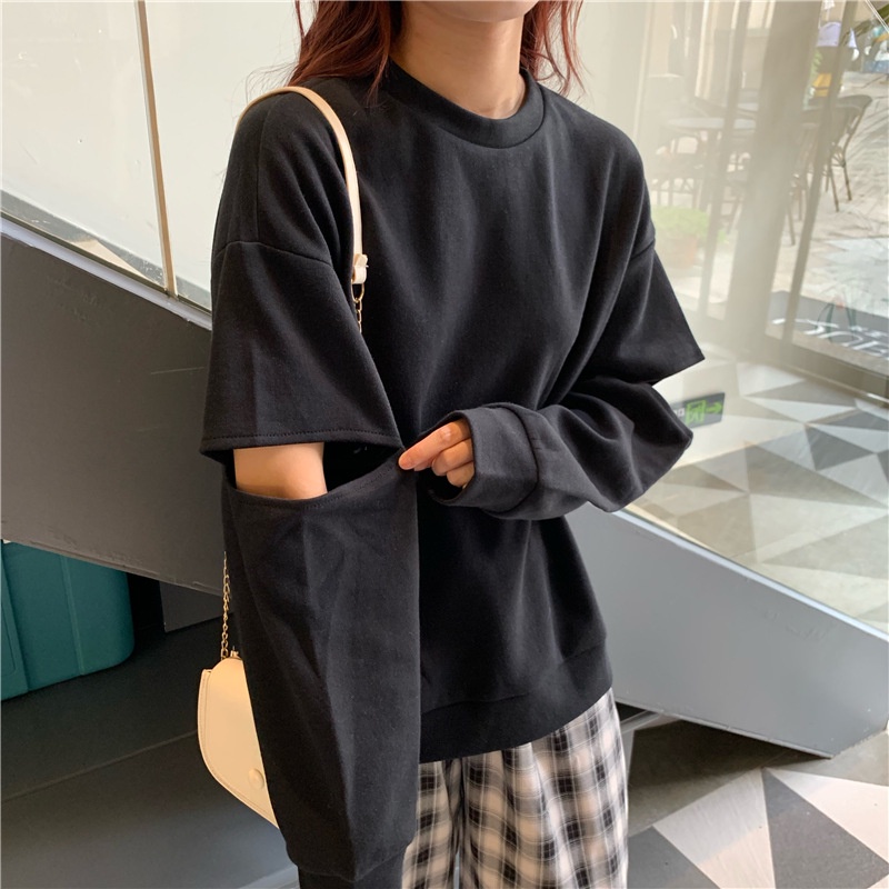 Theodora Áo Thun cotton Tay Dài Xẻ Tà Màu Đen/Tím/Xám Đơn Giản Phong Cách Hàn Quốc Thời Trang Dành Cho Nữ