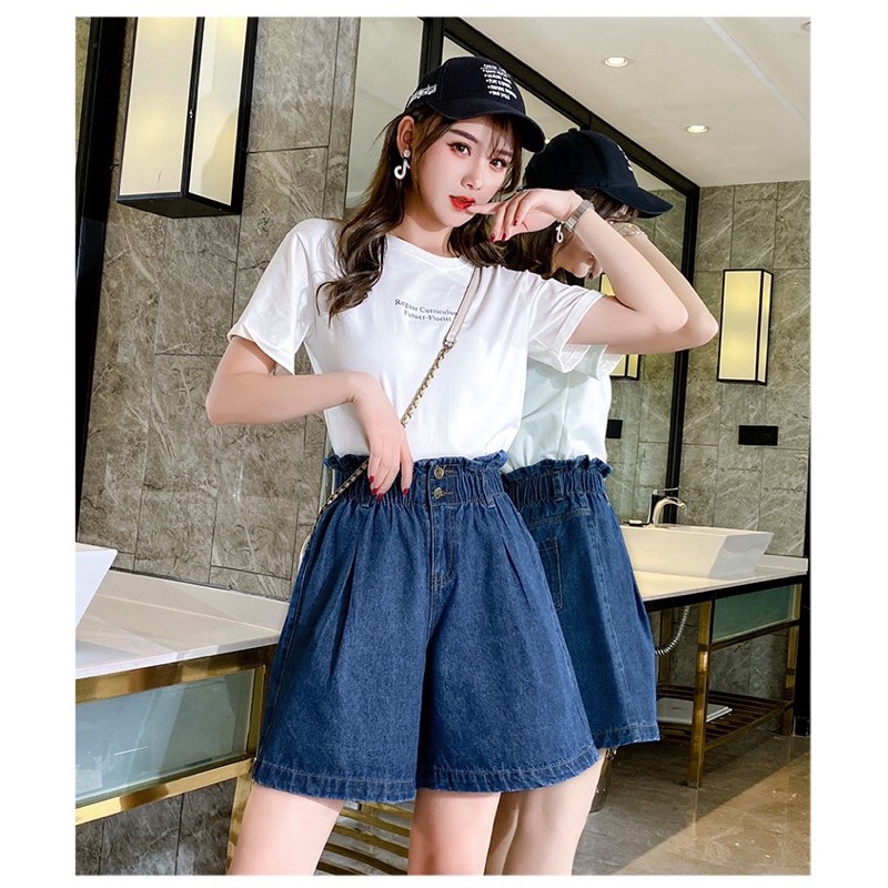 quần short jean big size lưng thun ống rộng màu xanh phối nút size lớn 75-95kg