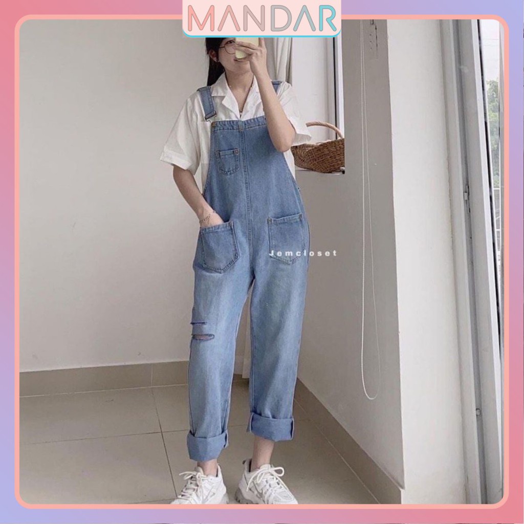 Yếm jean dài nữ phong cách Hàn quốc, Yếm bò nữ ulzzang phối rách gối cá tính năng động - New trend 2021