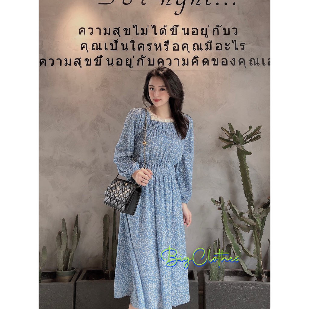 Váy đầm bigsize hoa nhí màu xanh BigClothes thiết kế cổ vuông sang chảnh thoáng mát từ 45kg đến 75kg BC017