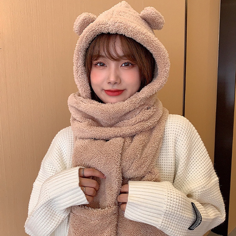 Mũ Len Trùm Tai Kiêm Khăn Choàng Cổ 3 Trong 1 Giữ Ấm Mùa Đông Bằng Vải Bông Mềm Mại Thoải Mái Hình Gấu Dễ Thương