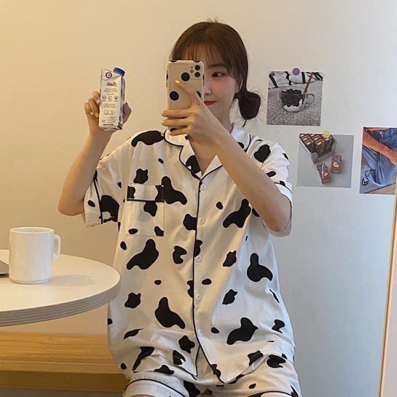 Bộ pijama bò sữa hot hit Đồ bộ mặc nhà Đồ bộ ngủ bò sữa chất kate Freesize