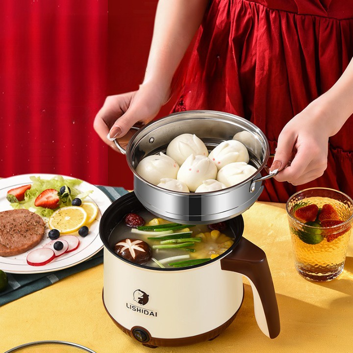 Nồi Lẩu Điện Mini Đa Năng 2 Tầng Chống Dính 18cm Kèm Giá Hấp INOX, Bảo Hành 12 Tháng