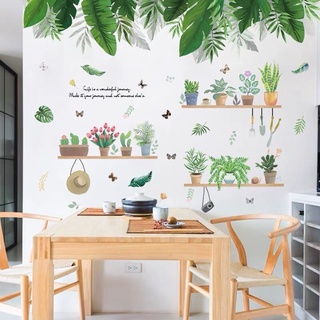 Decal dán tường tán lá xanh và kệ cây