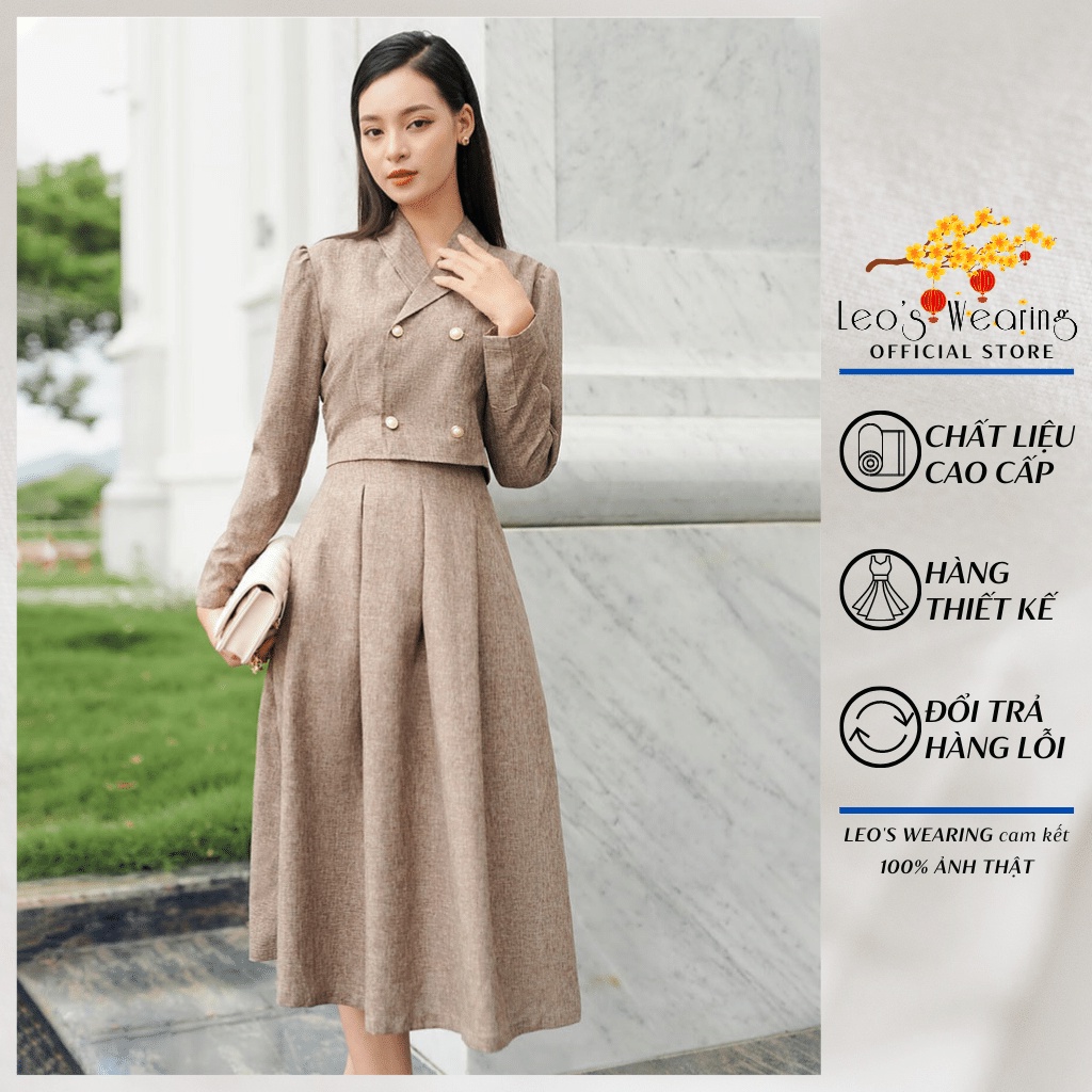 Váy Công Sở Dài Tay LEOSWEARING Set Chân Váy Xòe Xếp Ly Có Túi 2 Bên Áo Sơ Mi Croptop Tay Dài Cổ Vest D48