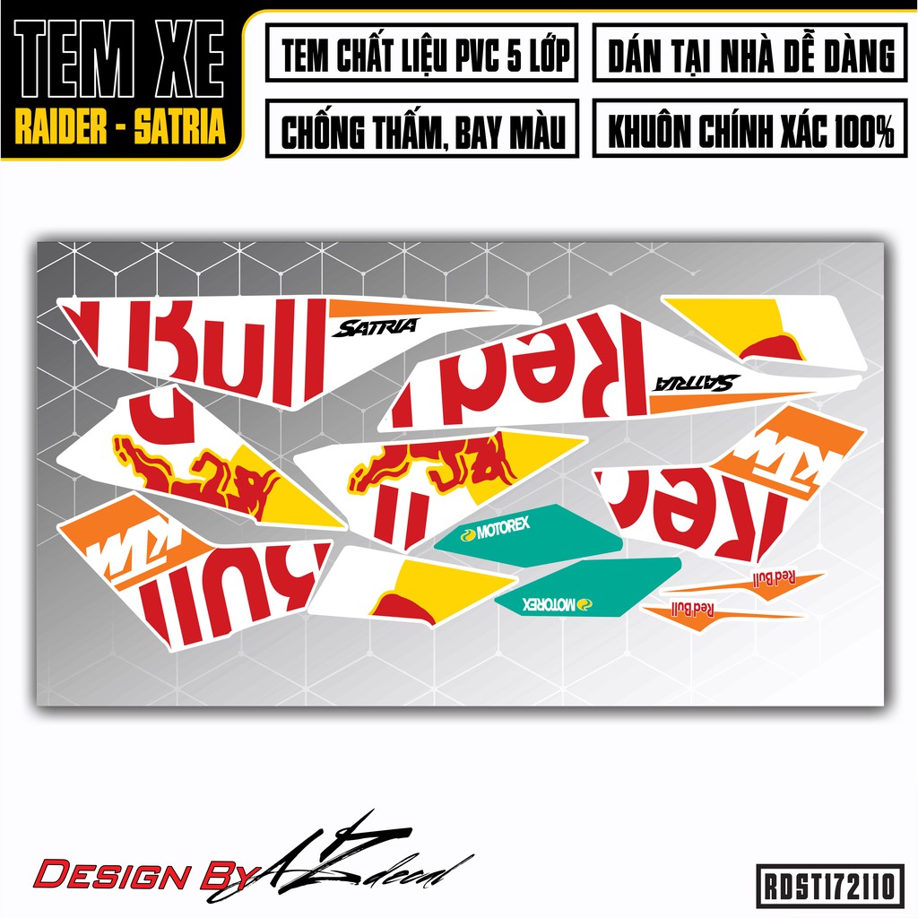 Tem Xe Suzuki Raider/Satria Mẫu Red Bull | RDST172110 | Chất Liệu Decal Chống Nước, Cắt Sẵn Dễ Dán Màu Đỏ Đen Trắng Xanh