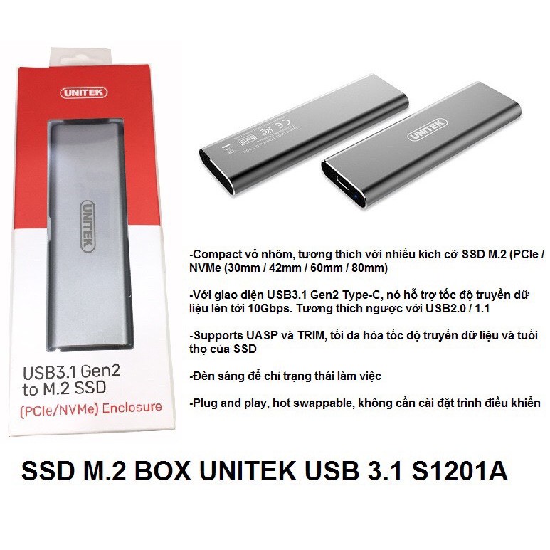 BOX HỘP ĐỰNG Ổ CỨNG UNITEK S 1201A SSD M2 PCIE NVME (M2 SATA NGFF KHÔNG HỖ TRỢ) TYPE C