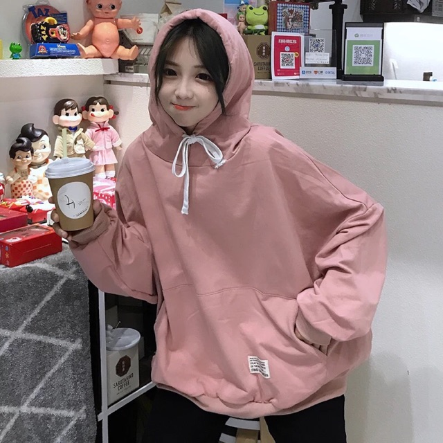 Áo hoodie nỉ kiểu dáng basic gắn tag phong cách hàn quốc