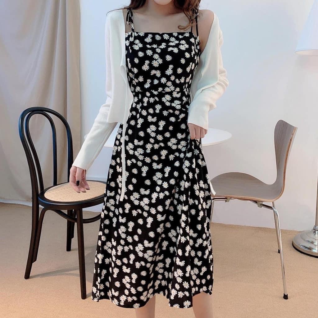 Váy hoa cúc 💖Váy 2 dây hoa cúc màu đen siêu xinh đễ thương đi chơi đi học | BigBuy360 - bigbuy360.vn