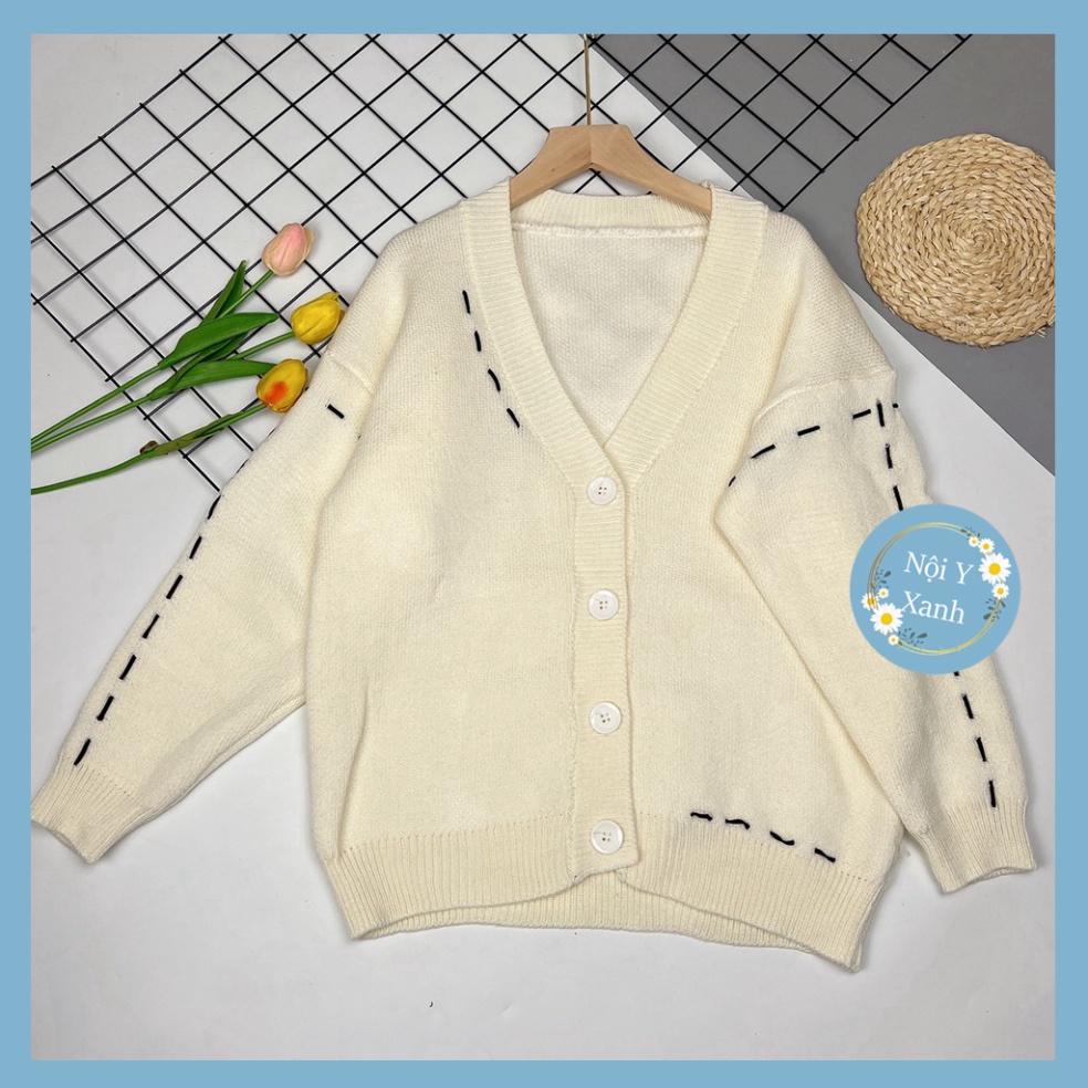 áo khoác len cardigan trắng phối viền kẻ sọc đen chất len đẹp QCCC dáng rộng phong thái korea noiyxanh hot trend, ph