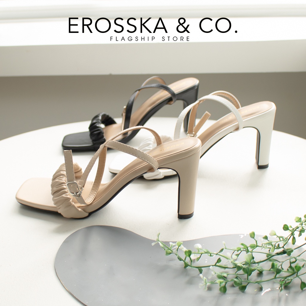 Erosska - Giày sandal cao gót nữ mũi vuông quai nhún thanh lịch cao 8cm màu nude - EB044