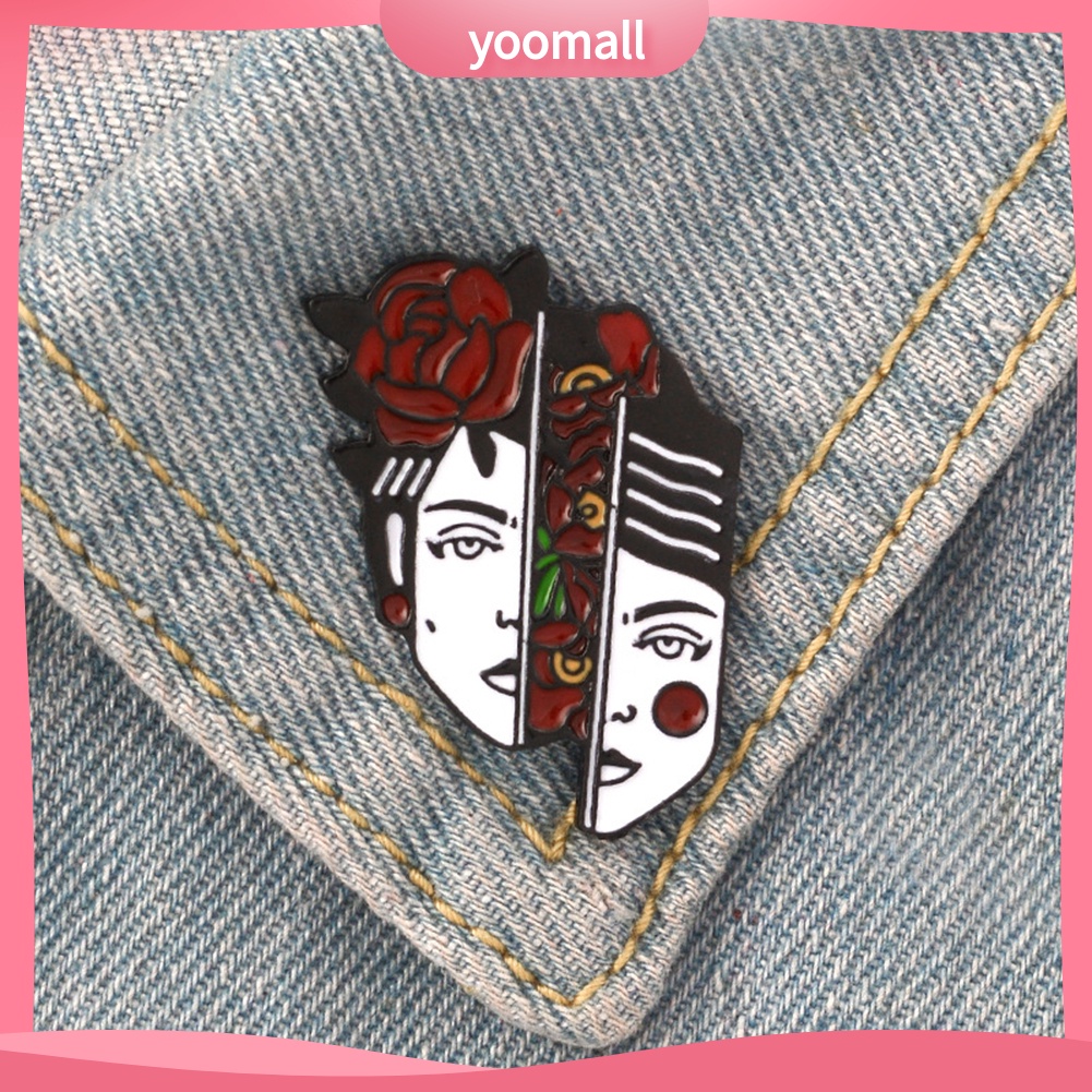 Ghim cài cổ áo hình khuôn mặt phụ nữ lệch với hoa hồng điệu đà