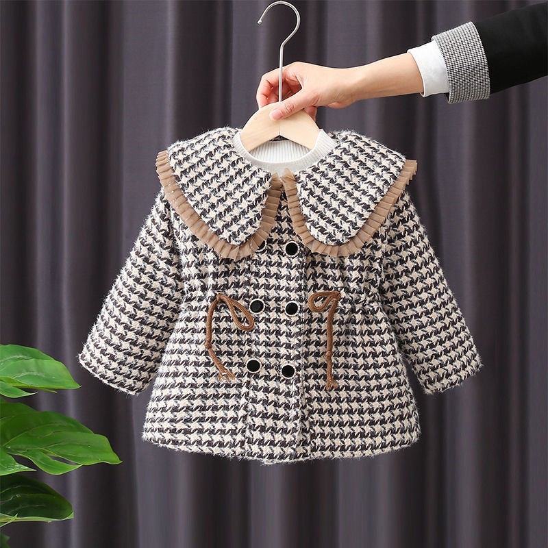 Áo khoác dạ tweed cho bé gái, phối nơ eo cổ ren bèo điệu đà