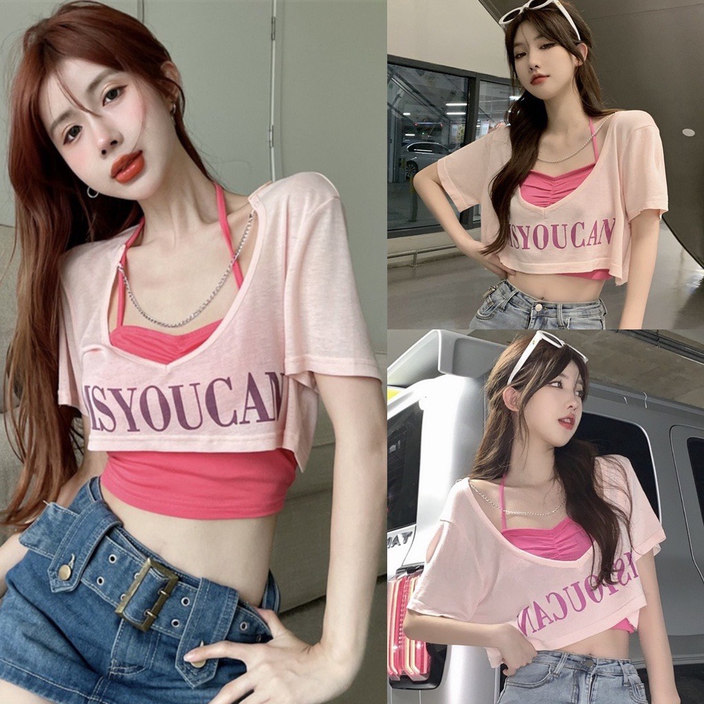 Bộ Áo Croptop Chạy Viền Barbie Áo Yếm Nữ Set Áo Dài Tay Kèm Áo Trong In Chữ 2 Màu