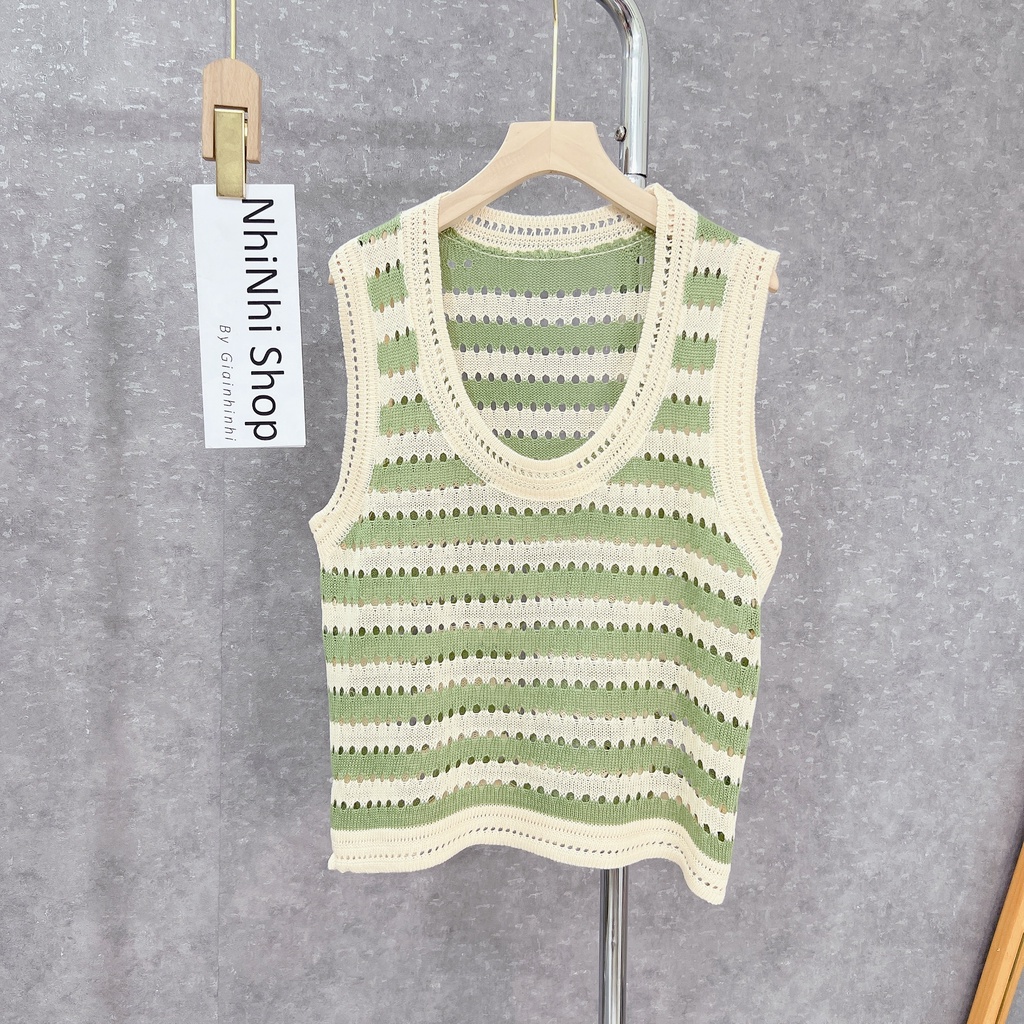 Áo len mỏng sọc ngang ba lỗ form rộng, Áo kiểu sát nách len AL7015 - NhiNhi Shop