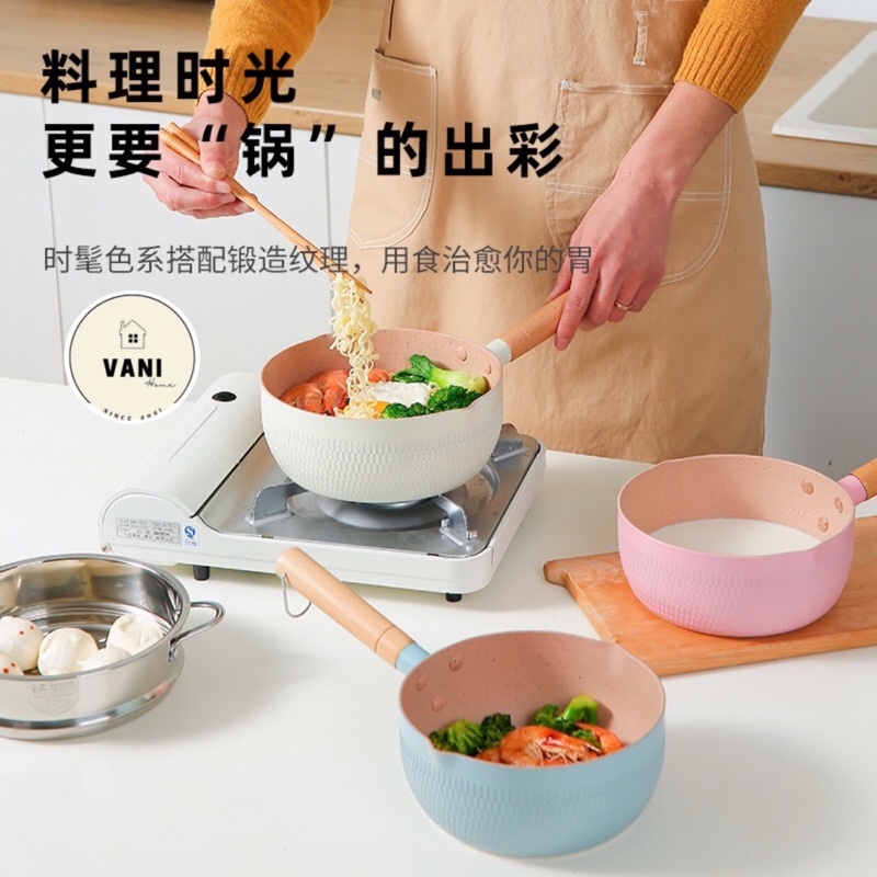 Chảo đá đáy từ chống dính sâu lòng tay cầm gỗ dài Pastel - Chảo chống dính lúa mạch 18cm - Quánh dính đa năng tiện dụng