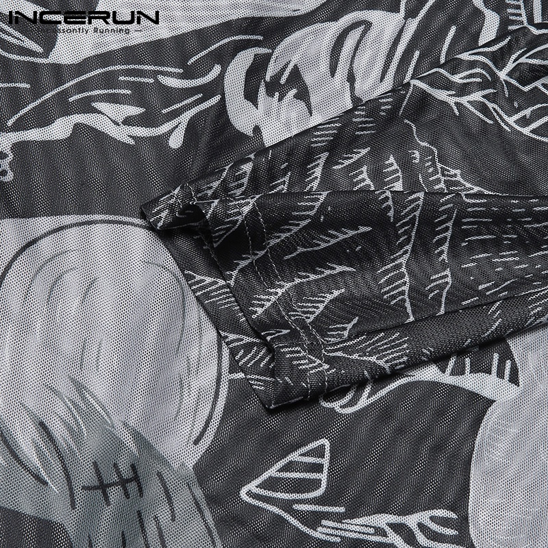 Áo INCERUN tay dài co giãn xuyên thấu ôm dáng in họa tiết thời trang dành cho nam
