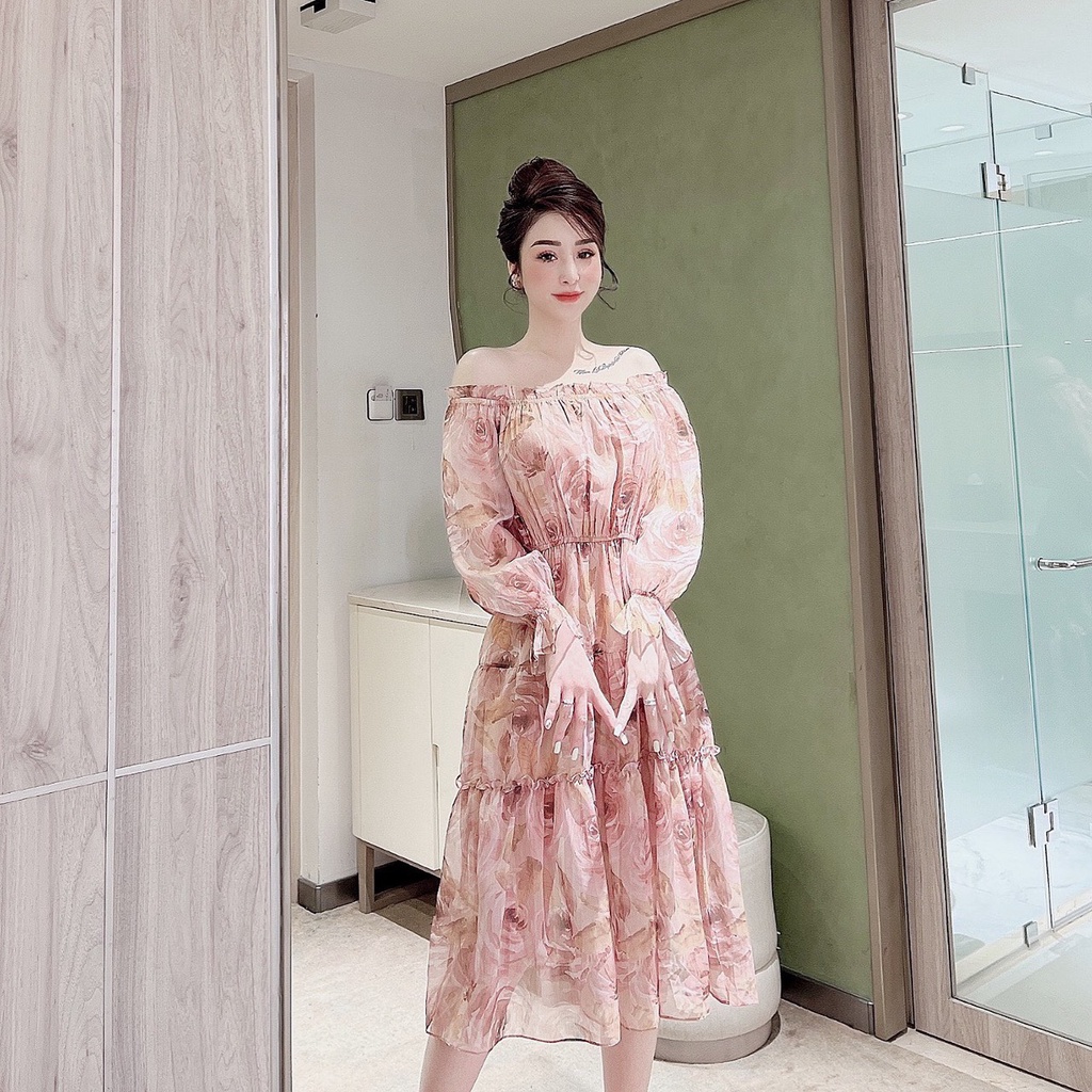 Đầm hoa siêu xinh 🔸 HÀNG CAO CẤP 🔸 váy nữ trễ vai chất liệu tơ mềm mát, không bai xù và có độ co giãn nhẹ | BigBuy360 - bigbuy360.vn