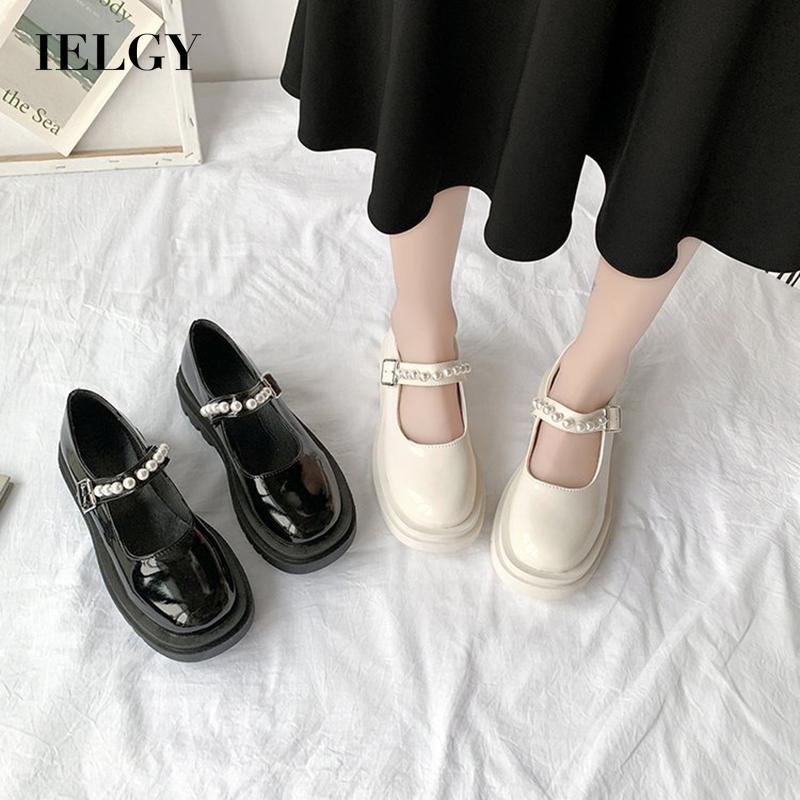 Giày mary jane IELGY đế bằng quai đính hạt ngọc trai nhân tạo cỡ lớn thời trang dành cho nữ