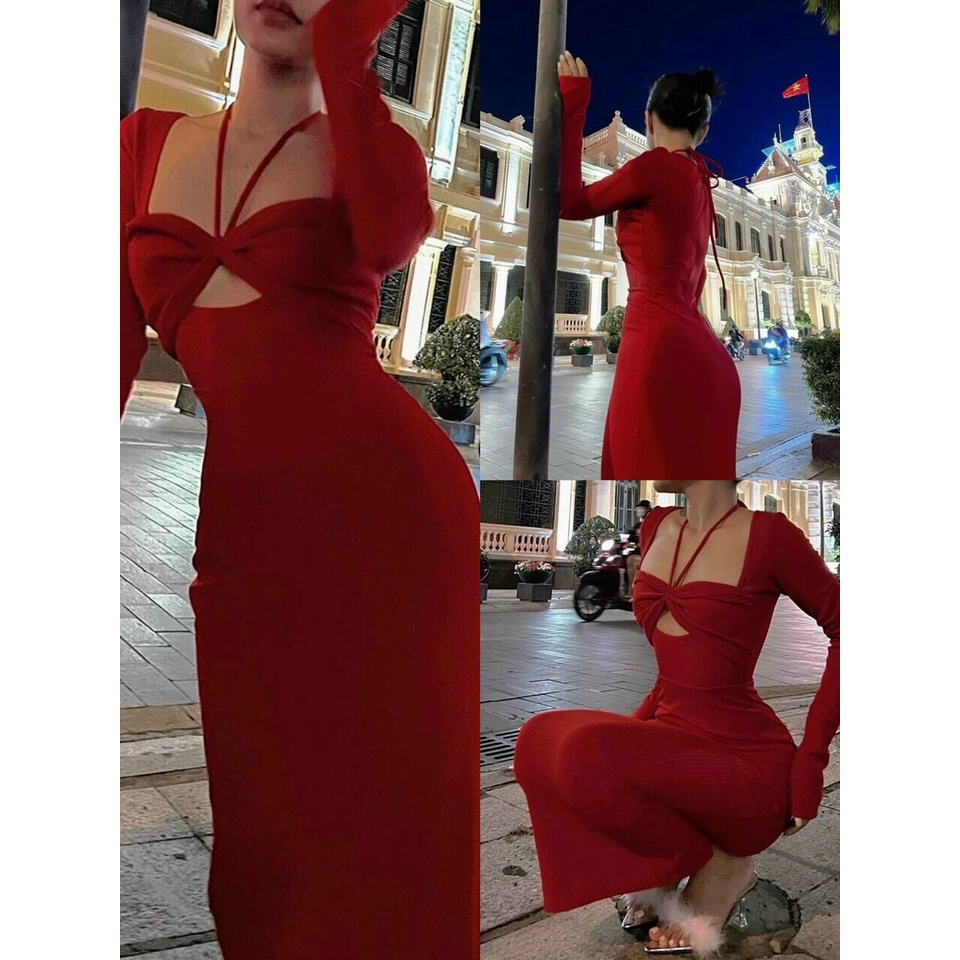 đầm tay dài kiểu cột dây ngực xinh kk