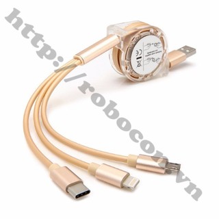 Cáp sạc 3 đầu dây rút đa năng lightning type c và Micro USB