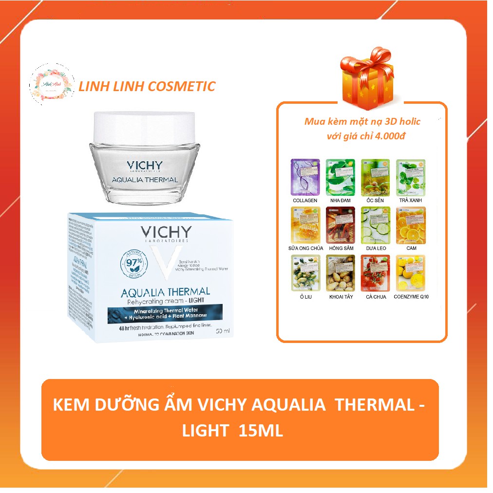 (tặng kèm mặt nạ 3D) 15ml - Kem dưỡng ẩm Vichy Aqualia Thermal Rehydrating Cream Light
