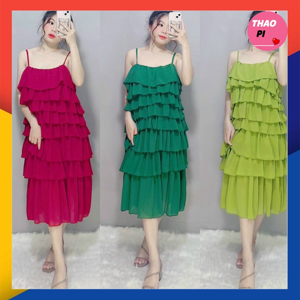 Đầm hai dây maxi voan phối tầng đi chơi du lịch hẹn hò siêu đẹp bầu bì bon chen được hình thật