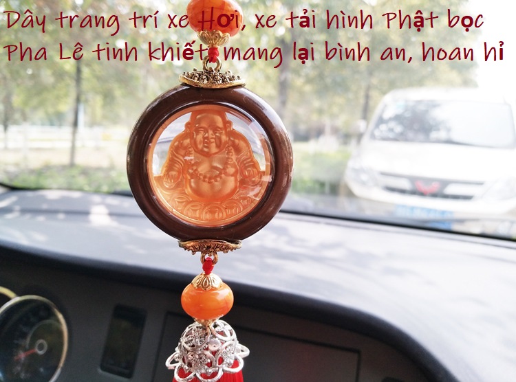 Dây trang trí xe ô tô, xe hơi, Hình Phật mạ vàng lồng trong Pha Lê, Hoa văn cung đình, kiểu cổ, Kèm hộp đựng lót Nhung.